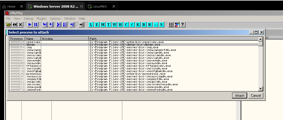 Attaching dbman.exe process to Olly Debugger